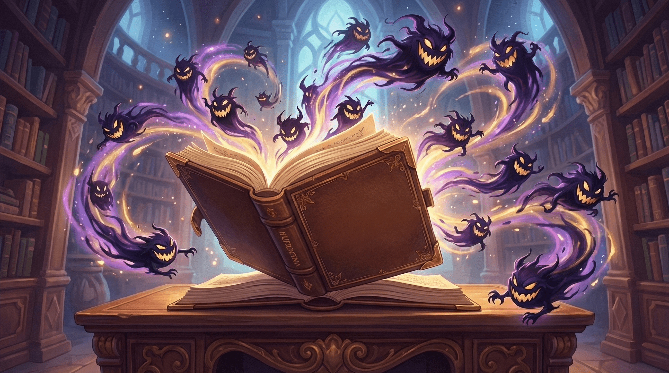An open magical book rests on a wooden desk, releasing a swarm of mischievous purple shadow spirits that swirl upward from its glowing pages. The background features a detailed library with bookshelves and a large arched window.