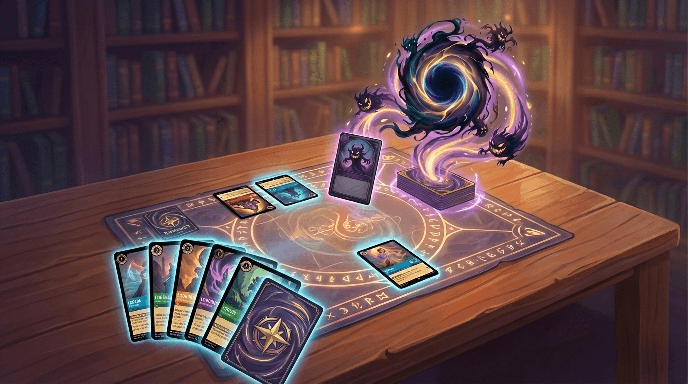 A perspective view of a card game in progress on a playmat, featuring a fanned hand of cards in the foreground and played cards on the table. A dark, swirling magical portal rises from a deck on the right, spawning purple shadow spirits, all set within a library environment.