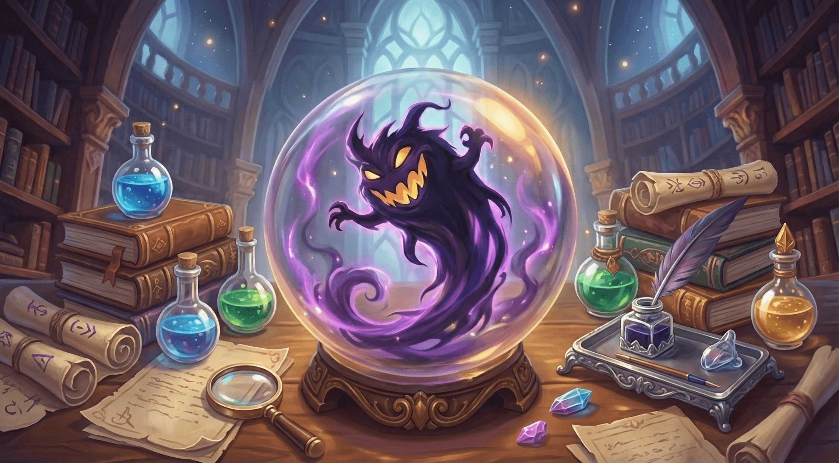 A purple, mischievous shadow spirit with a jagged yellow grin and glowing eyes swirls inside a clear glass orb. The orb rests on a wooden desk in a magical library, with tall bookshelves and a large arched window glowing with blue light in the background.